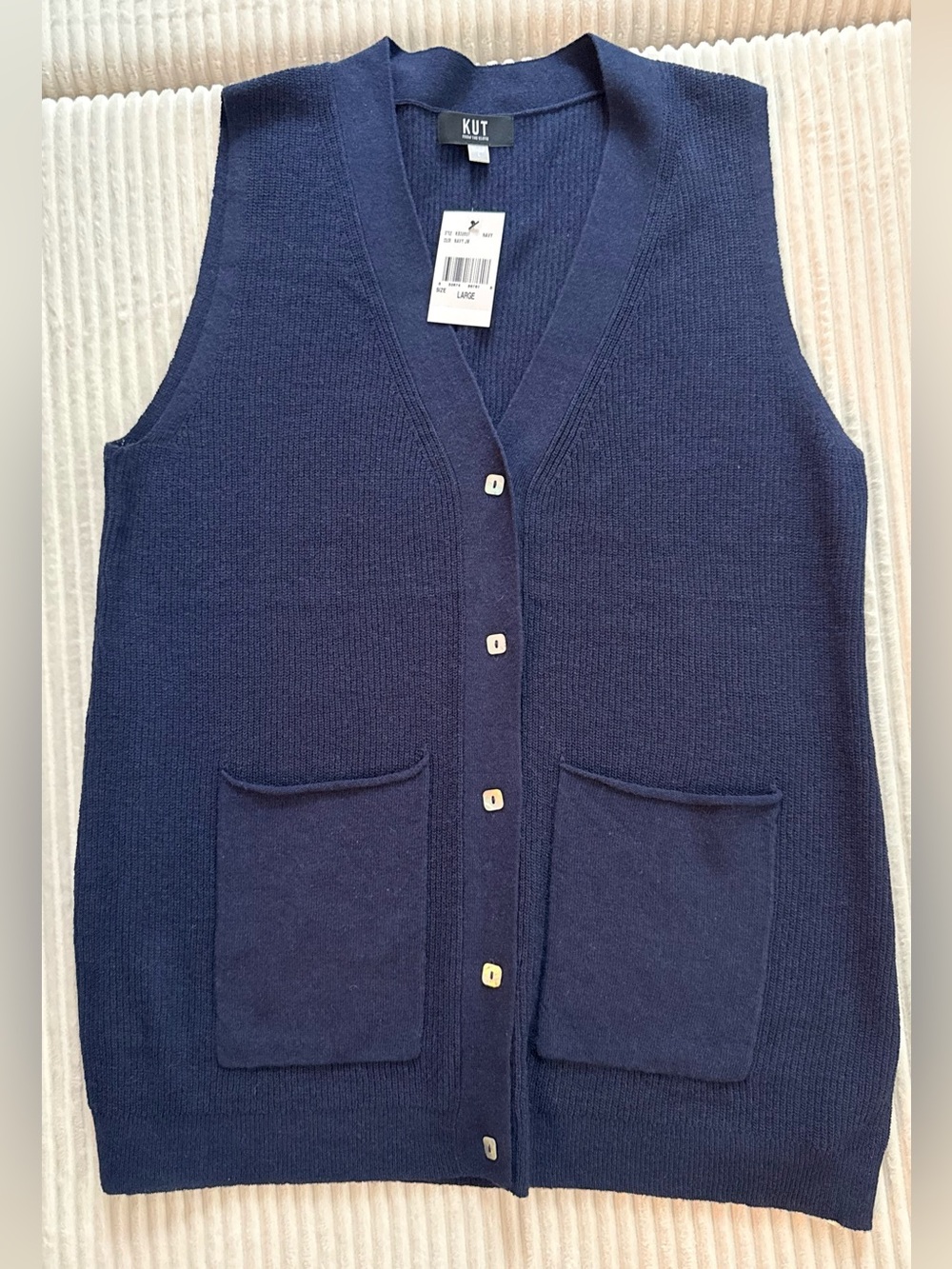 NWT Kut From the Kloth Navy Button-Front Knit Long Vest Women’s Large